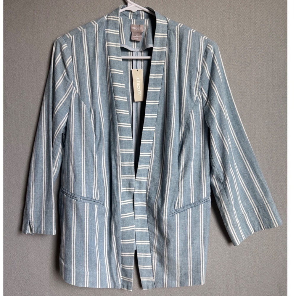 NWT Chico's Blazer Sz 1P Indigo Stripe Open Front Hook Eye Cotton Stretch Jacket